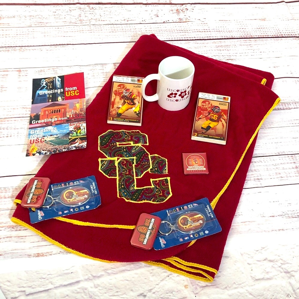 USC Trojans Fan Collectible Bundle 2 keychains, football pins,mug, blanket ticke - Picture 2 of 16